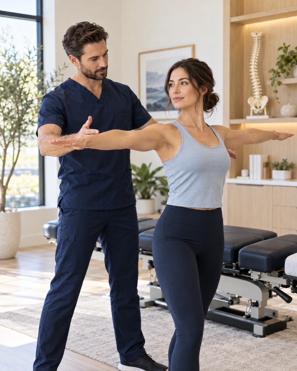 Male chiropractor guiding a client through a posture and mobility assessment