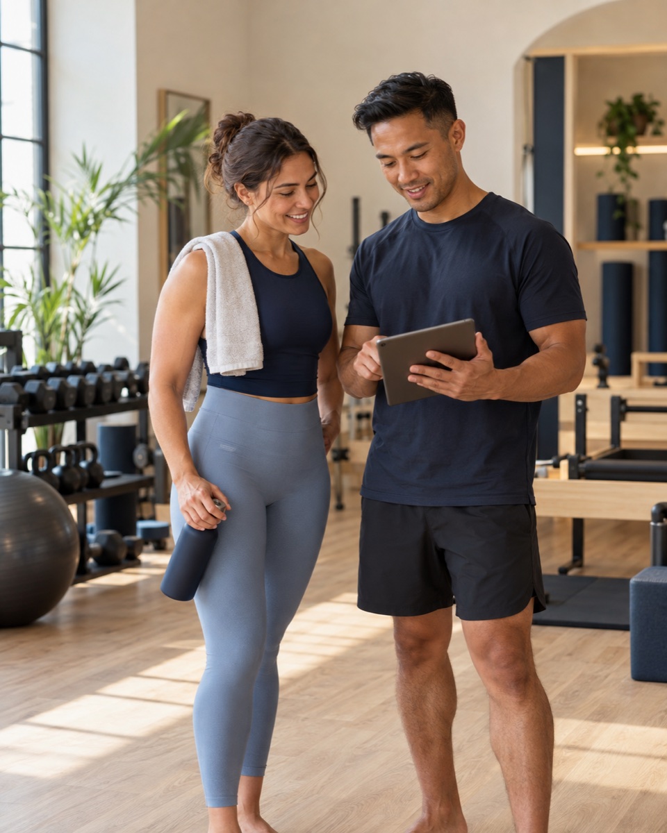 Fitness studio owner reviewing a client's progress in a premium gym