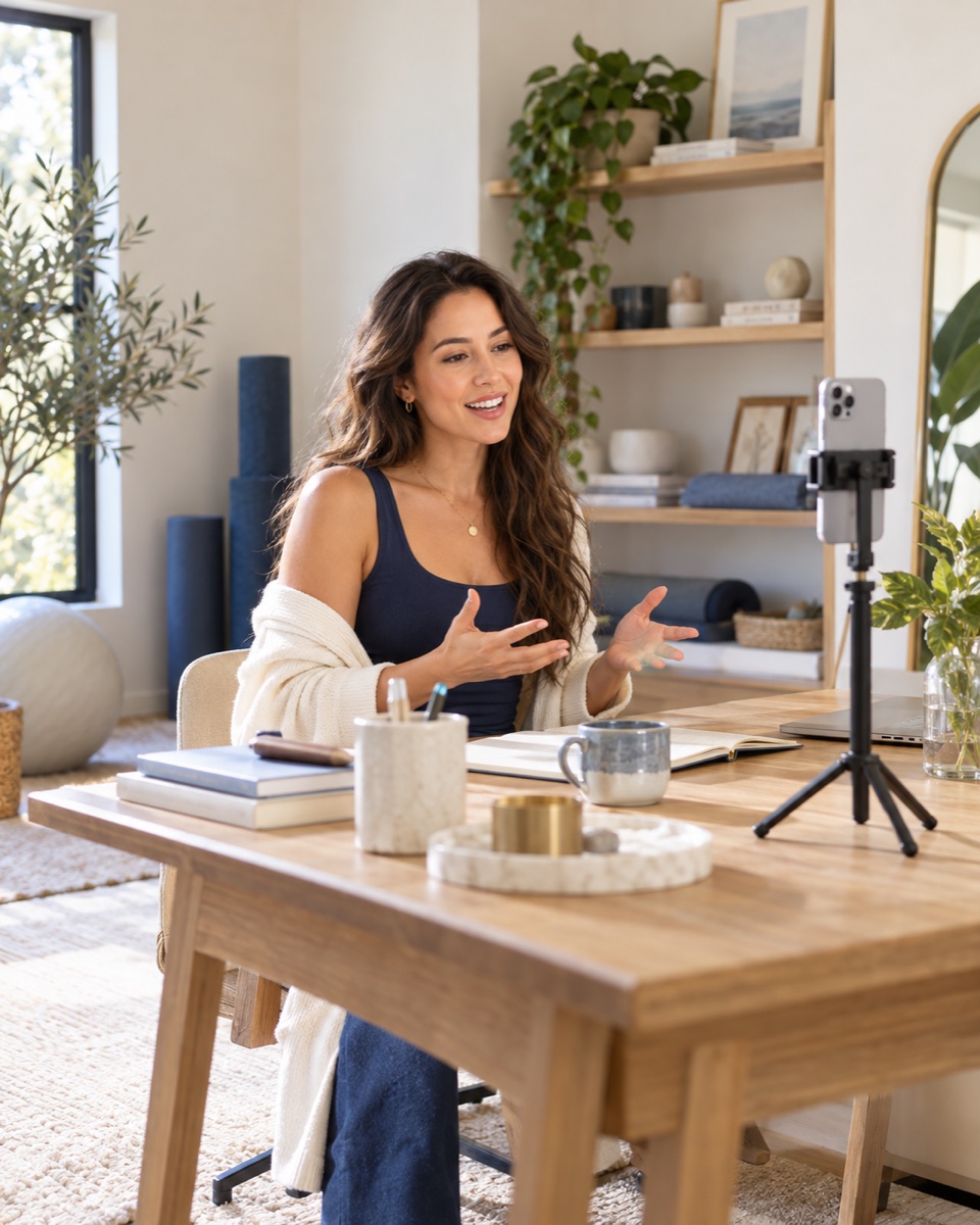 Wellness creator recording educational content in a bright studio