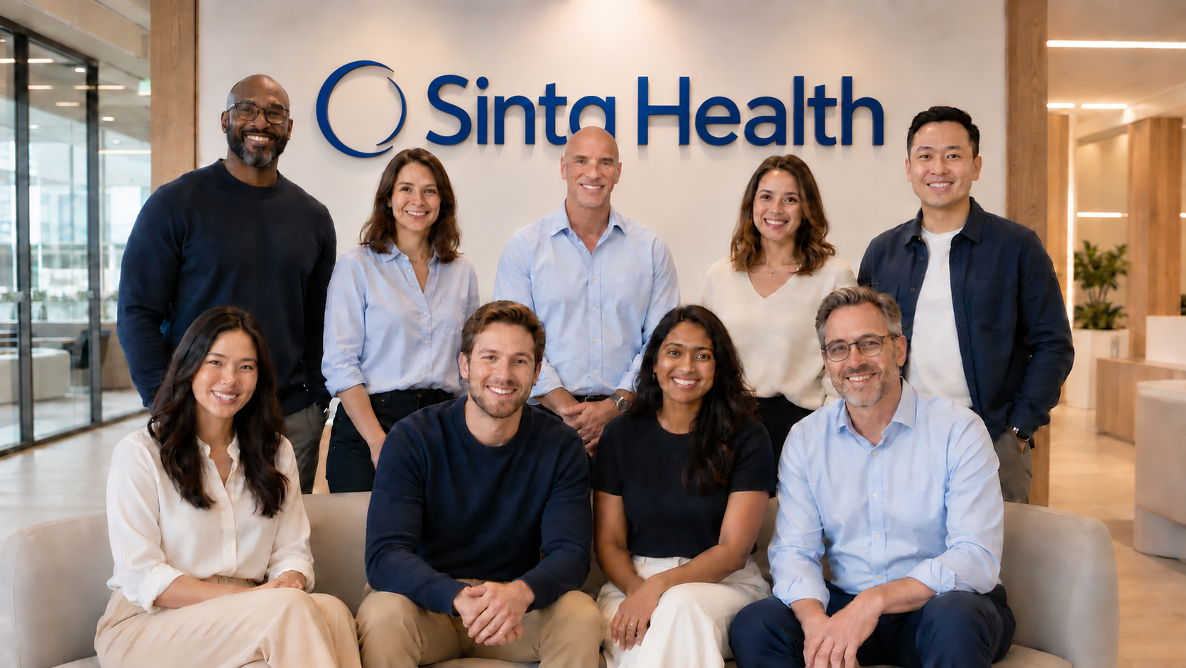 Sinta Health team gathered in a modern office beneath the Sinta Health sign