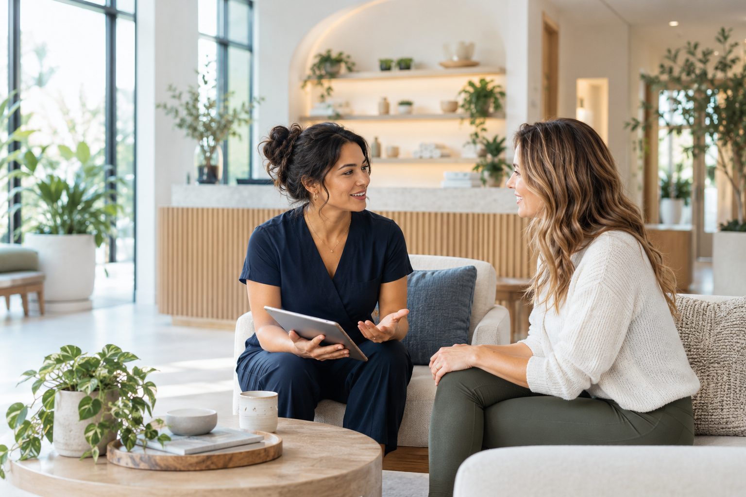 Wellness center owner speaking with a client in a bright, modern wellness studio